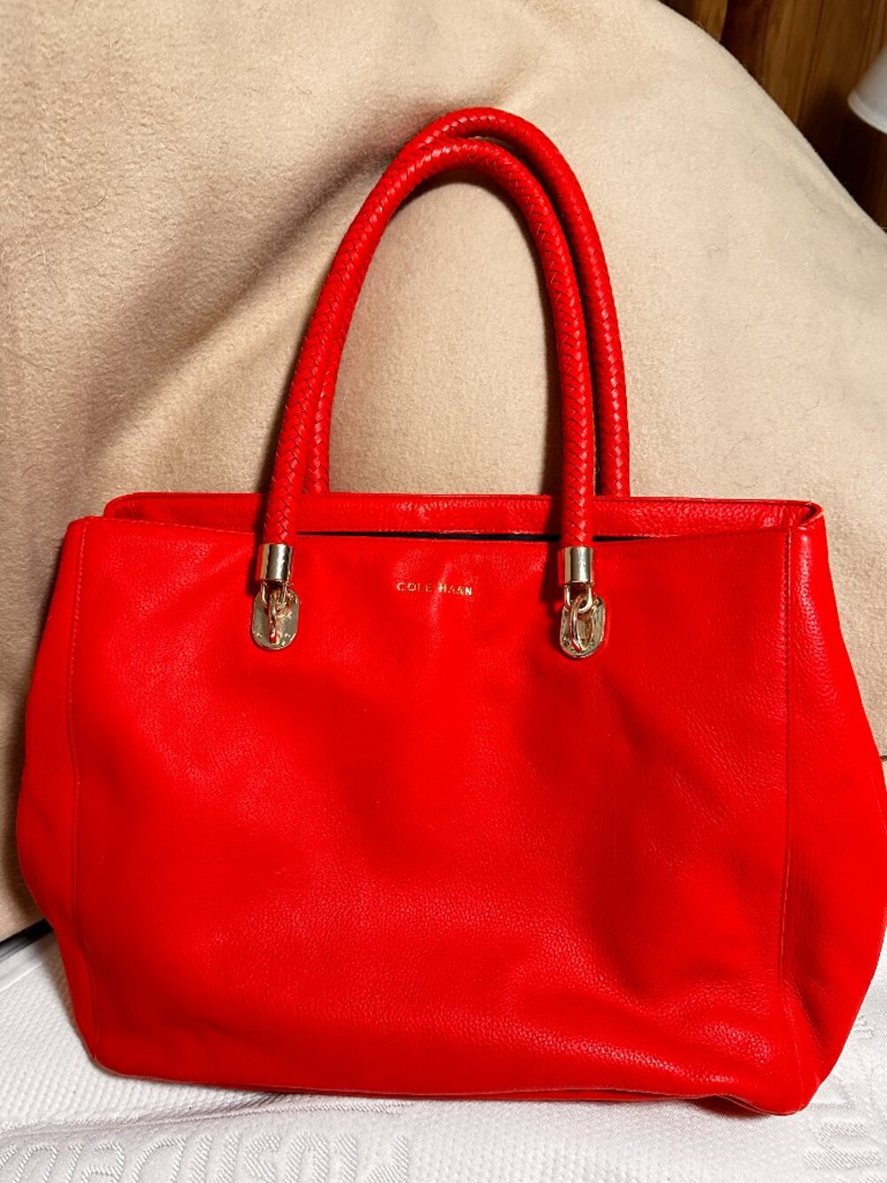 Cole Haan Cherry Red Leather Large Tote Braided Handles Never Carried